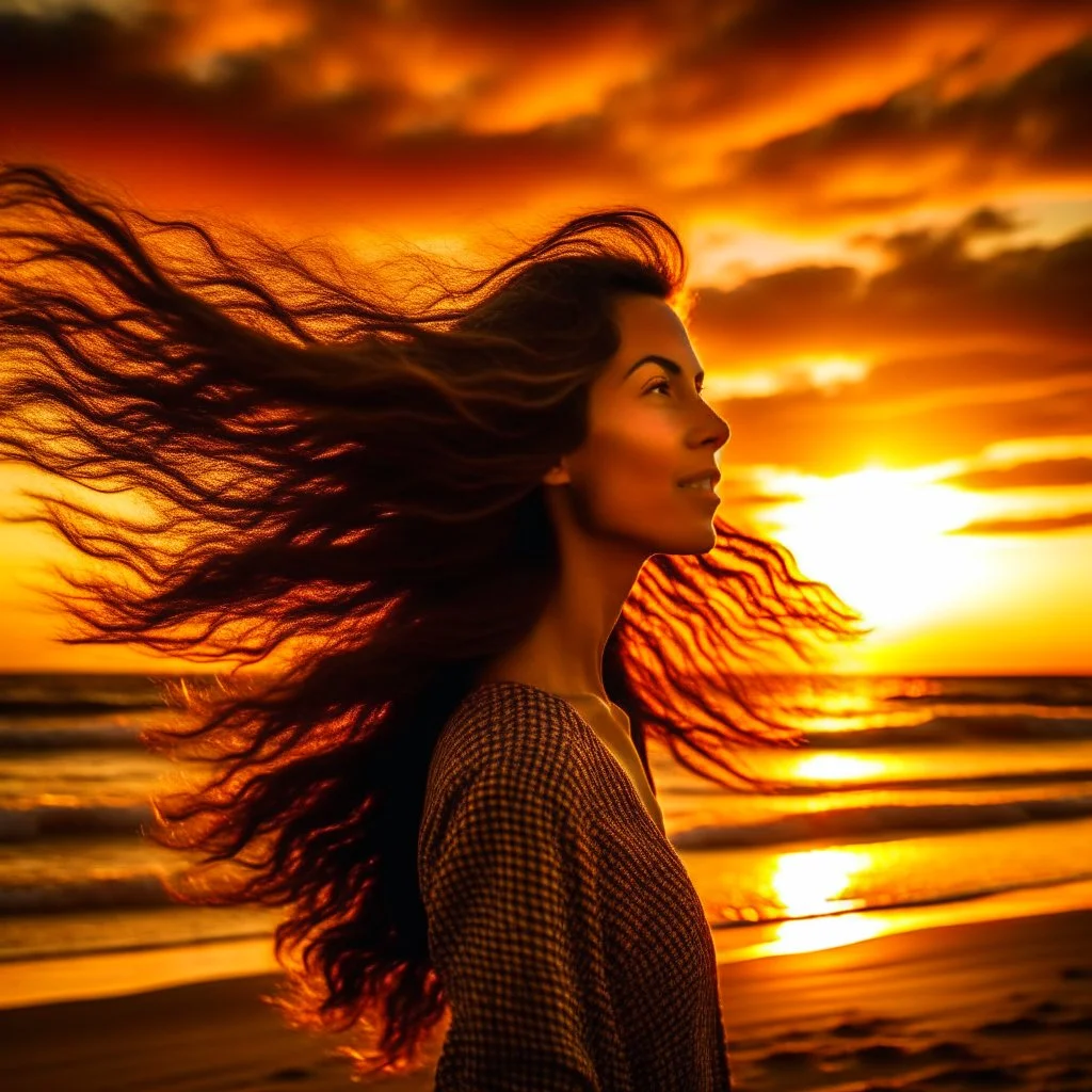 A very scantily clad young woman standing on the beach watching the sunset. The wind is playing with their hair.