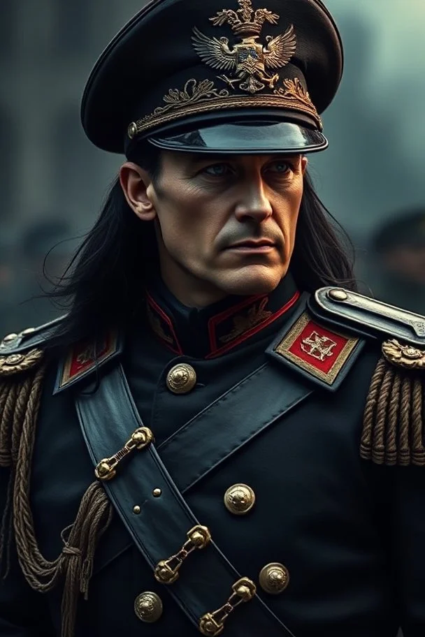 Russian commander , a High Commander of ww2 military dress, up close, fantasy, High details, realistic design, dark vibes, 8k, male, long black hair