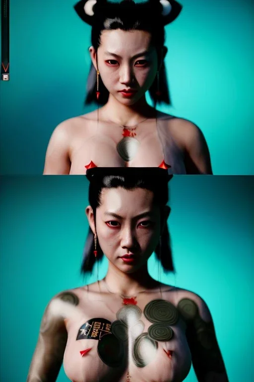 Photo Studio portrait, Asian woman samurai, yakuza body tattoos :: symmetry photography, cyberpunk style :: latex dress, japanese traditional ornaments, red, white, black, led wires, glow eyes, cinematic, Ultra realistic, dark scene, wide angle view, soft color, highly detailed, unreal engine 5, RTX, ultra detail, 3d, finely drawn, high definition.