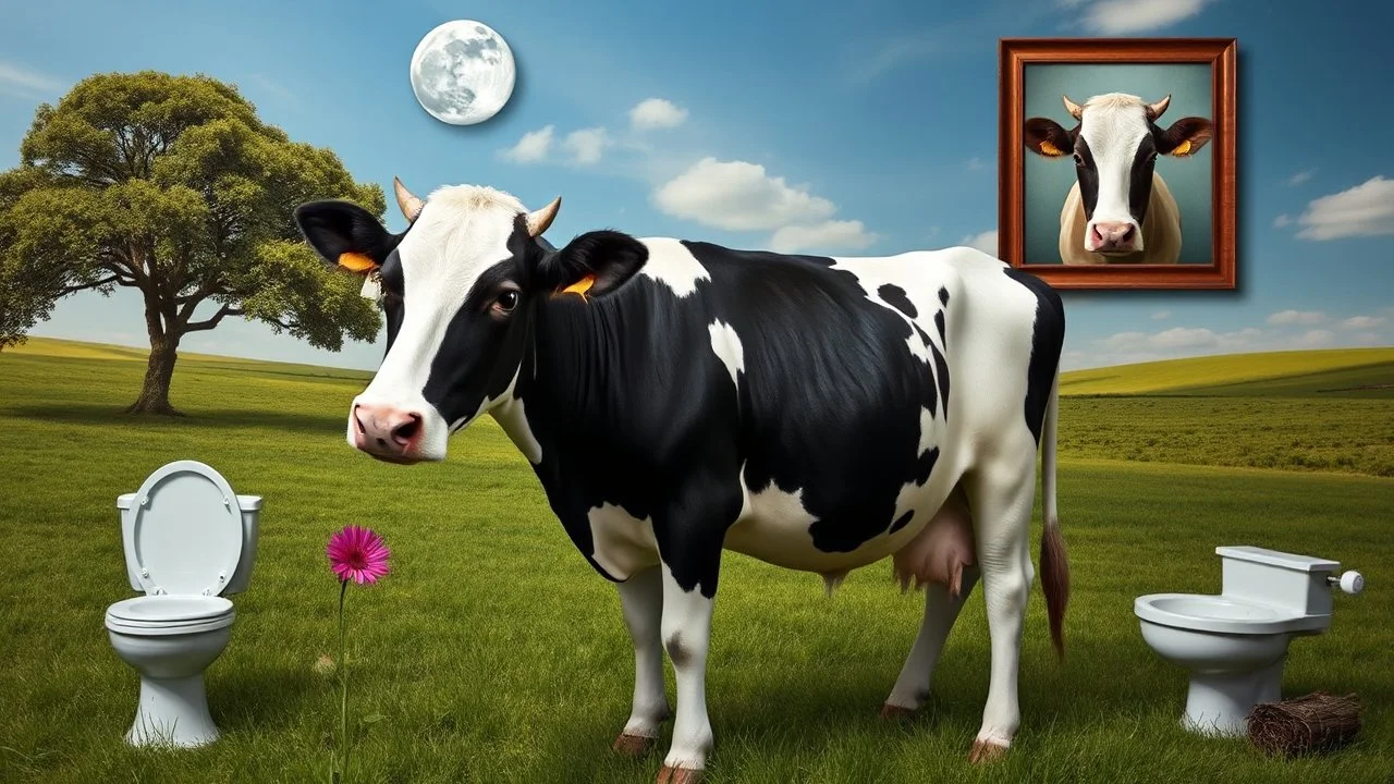 The image features a surreal landscape with a black and white cow that has a circular cutout in its side. The background includes imaginative elements like a tree, a moon in the sky, and a framed image of another cow. The setting has green grass, a flower, and unusual objects like a toilet and a basin, contributing to the dreamlike atmosphere.