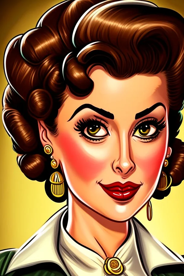 cartoon portrait of a very feminine, sexy European stewardess lady with short brunette hair and strong makeup, big smoky eyes, puffy dicksucking lips and large golden earrings