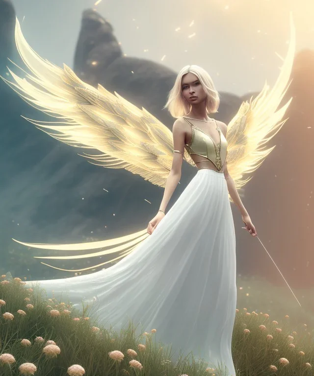 subtle queen, atmospheric, realistic, unreal engine, cinematic lighting, octane render, transparent long dress, blonde, full body, bright wings, smile, long hair