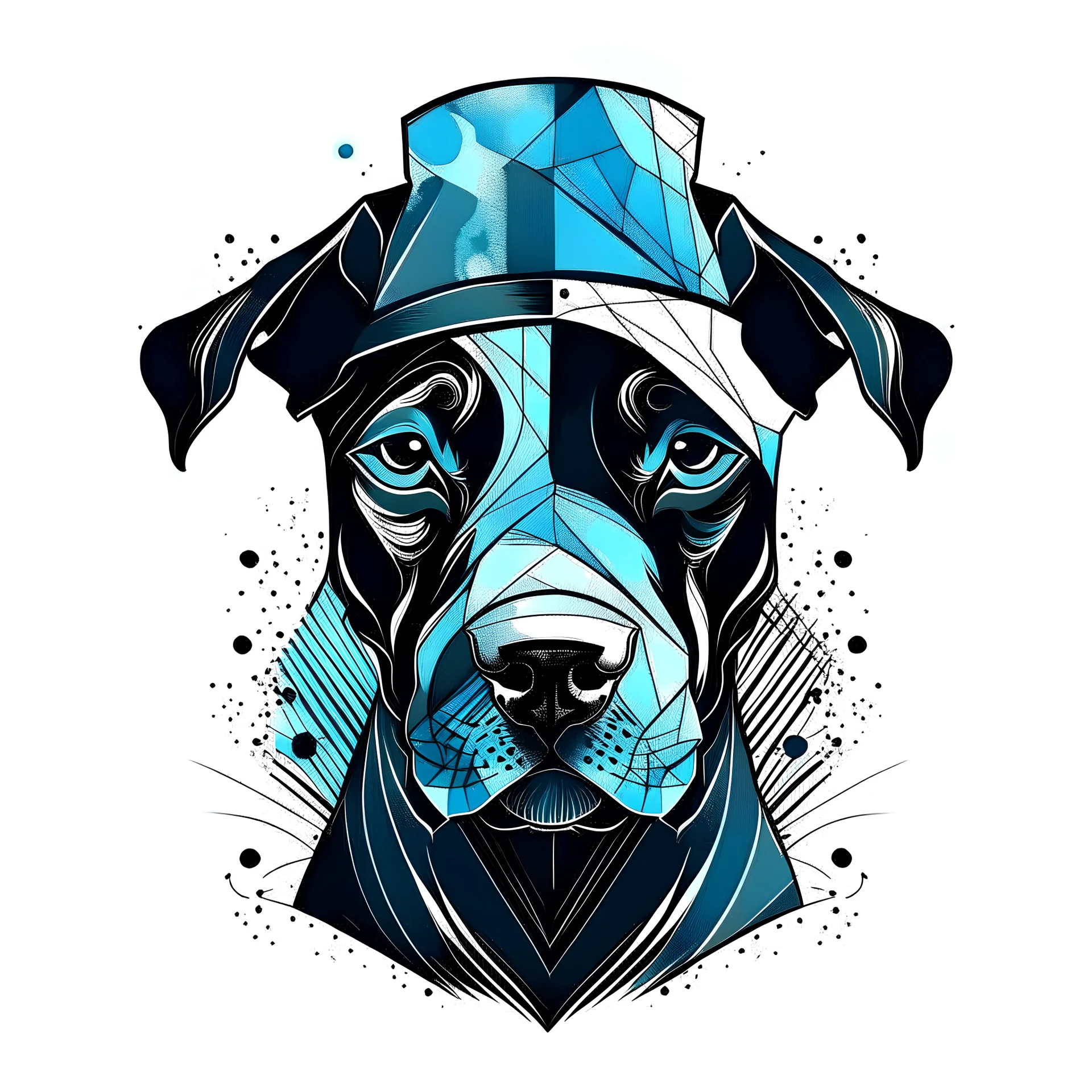 Modern tattoo motifs, abstract and minimalistic ink drawing, Bold and dynamic, design on a white background, The picture shows a wider head of a short-haired crossbreed dog of a dark color, without light patches on the faces, of a firmer stature with very short drooping ears in a large hat. The image consists of black and blue colors. The tattoo is with detailed shading. The dog has a cheerful and mischievous look and a tongue sticking out