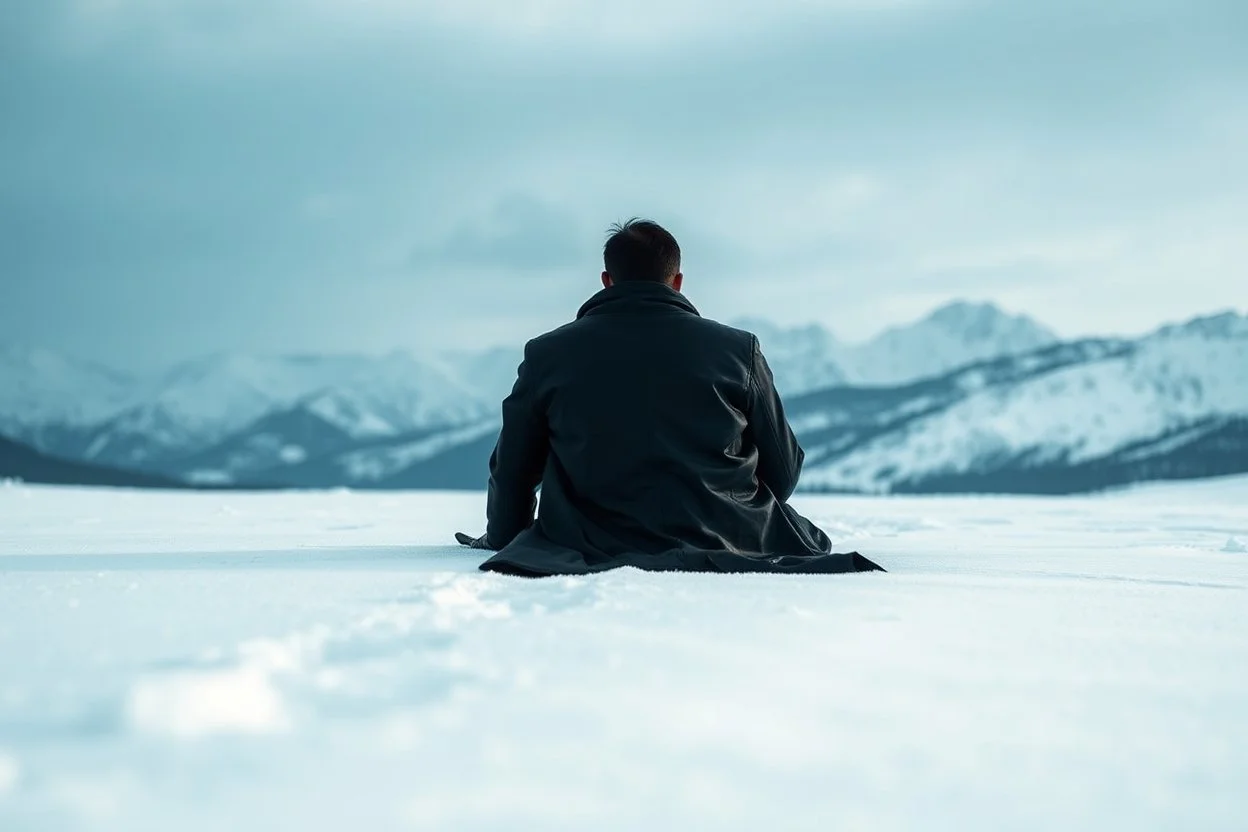 in the distance a figure in dark clothes and long black leather coat lies on his back in the snow and looks the sky in a winter landscape, alone, white snow, high contrast, cold, winter, mountains, white, blue, gray and black colors, cinematic, atmospheric, dark, gloomy, best shot