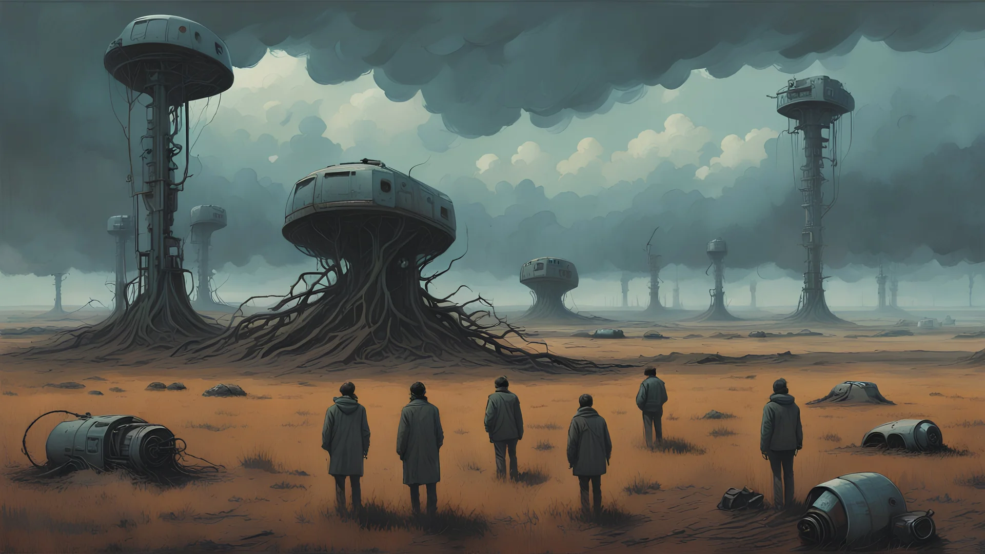 Strange surreal world, odd people, post apocalyptic horror, pop surrealism, harsh landscape, science fiction painting, ((Simon Stålenhag, Denis Sarazhin, Alex Colville, Christopher Shy, Romain Trystram, Quint Buchholz)), ominous sky, retro-futuristic horror anthology, (strange creatures), strange, RAW, gritty, high contrast, techno analog gothic, grim overtones, ominous sky, vivid, textured, grim, nightmarish art, paradoxical