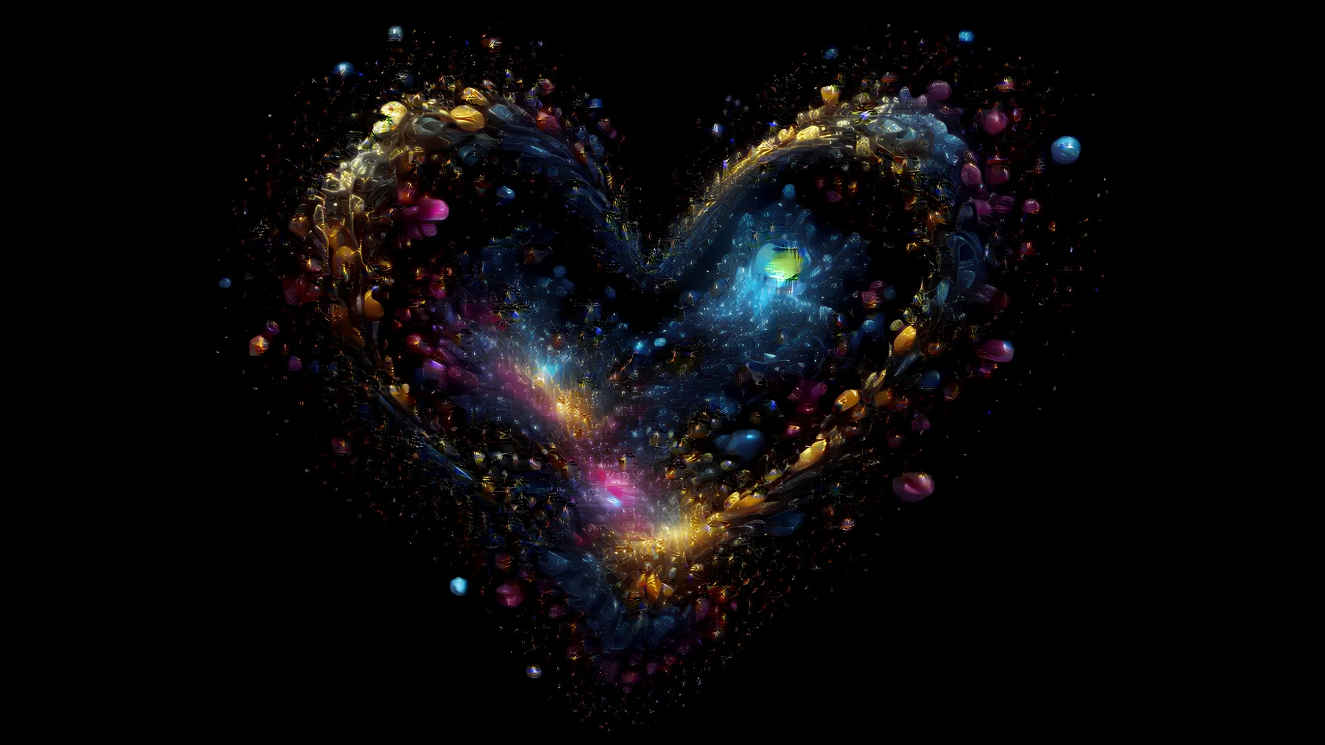 epic RGB fractals in the shape of a heart, sprawling geometric shapes, intricate vines with metallic prisms in space. nebula style. SPARKLES and stars