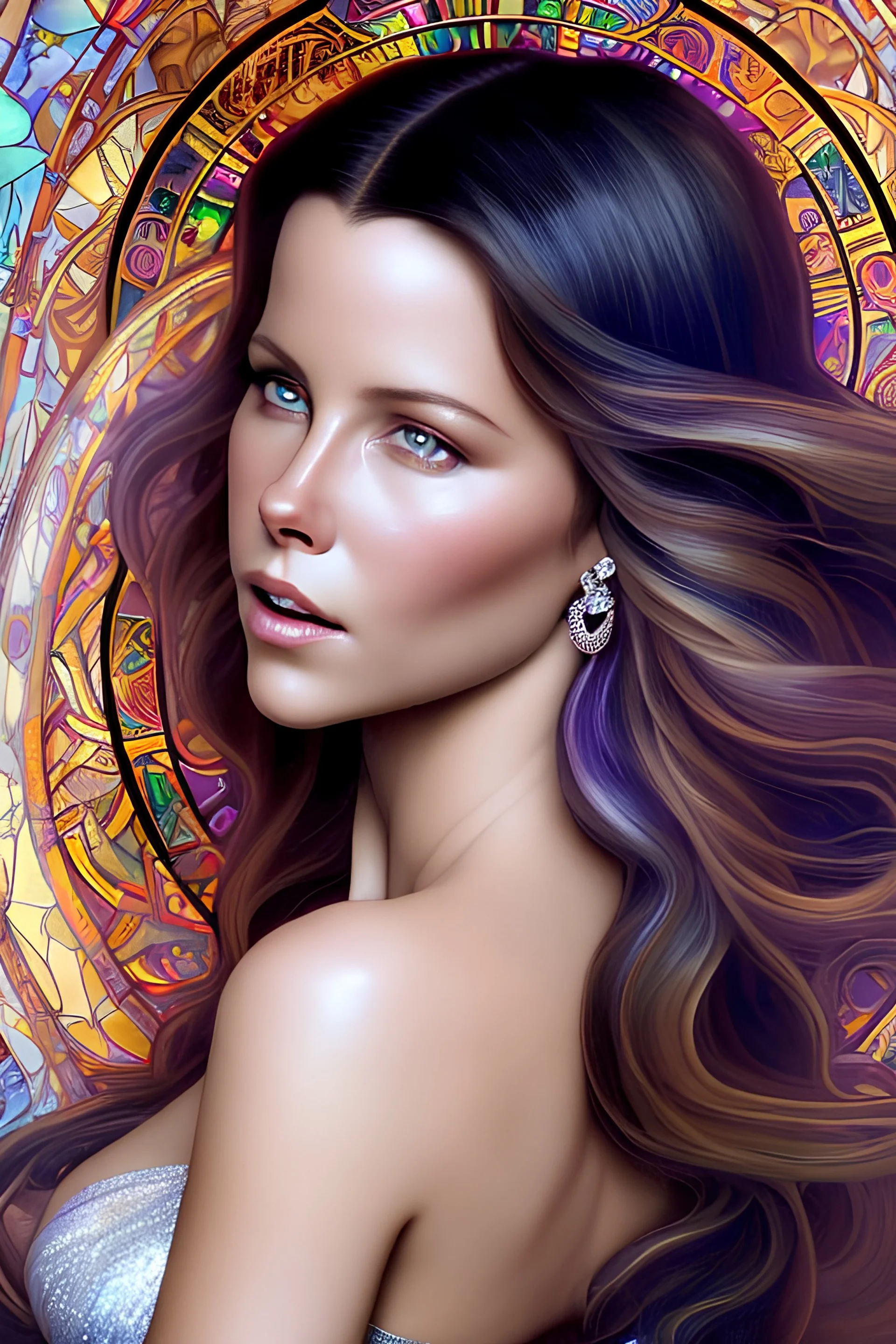 art by Alfons Mucha, stained glass motif, whole body image of beautiful Kate Beckinsale as Yennefer the Sorceress from The Witcher in a mystical enchanted forest opening a portal to another world, HD 4K, sharp detail, photo-realistic accurate face and features, cinematic lighting, award winning imagery