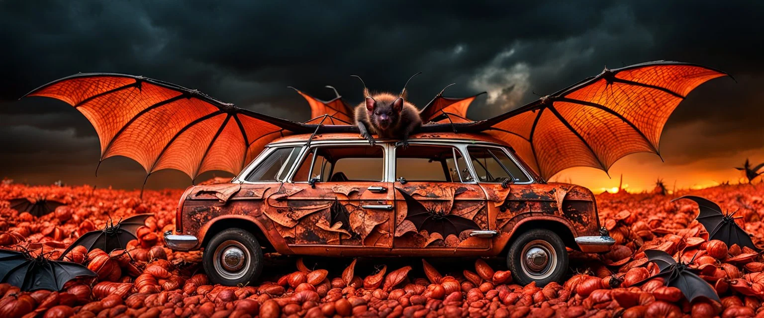 A national geographic award skin color patterned like a poisinous incect or reptile, horrorcore, science gone crazy, winning photograph of of a bat spider housefly station wagon hybrid in nature and on the hunt, 64k, reds, oranges, and yellows anatomically correct, 3d, organic surrealism, dystopian, photorealisitc, realtime, symmetrical, clean, 4 small compound eyes around two larger compound eyes, surrealism telephoto dynamic lighting 64 megapixels Unreal Engine volumetric lighting VRay