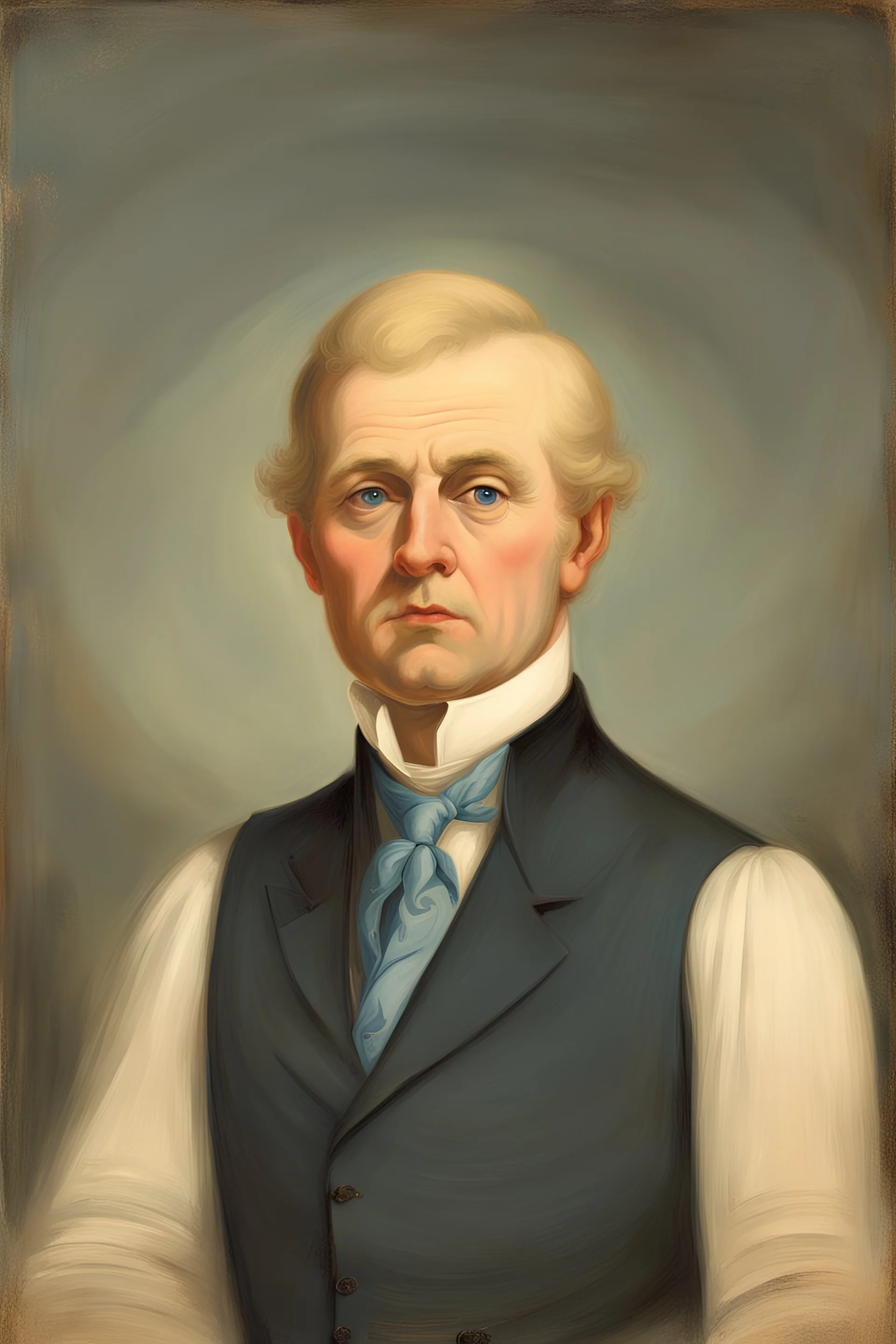 Old painting of a politician with blue eyes and blonde hair