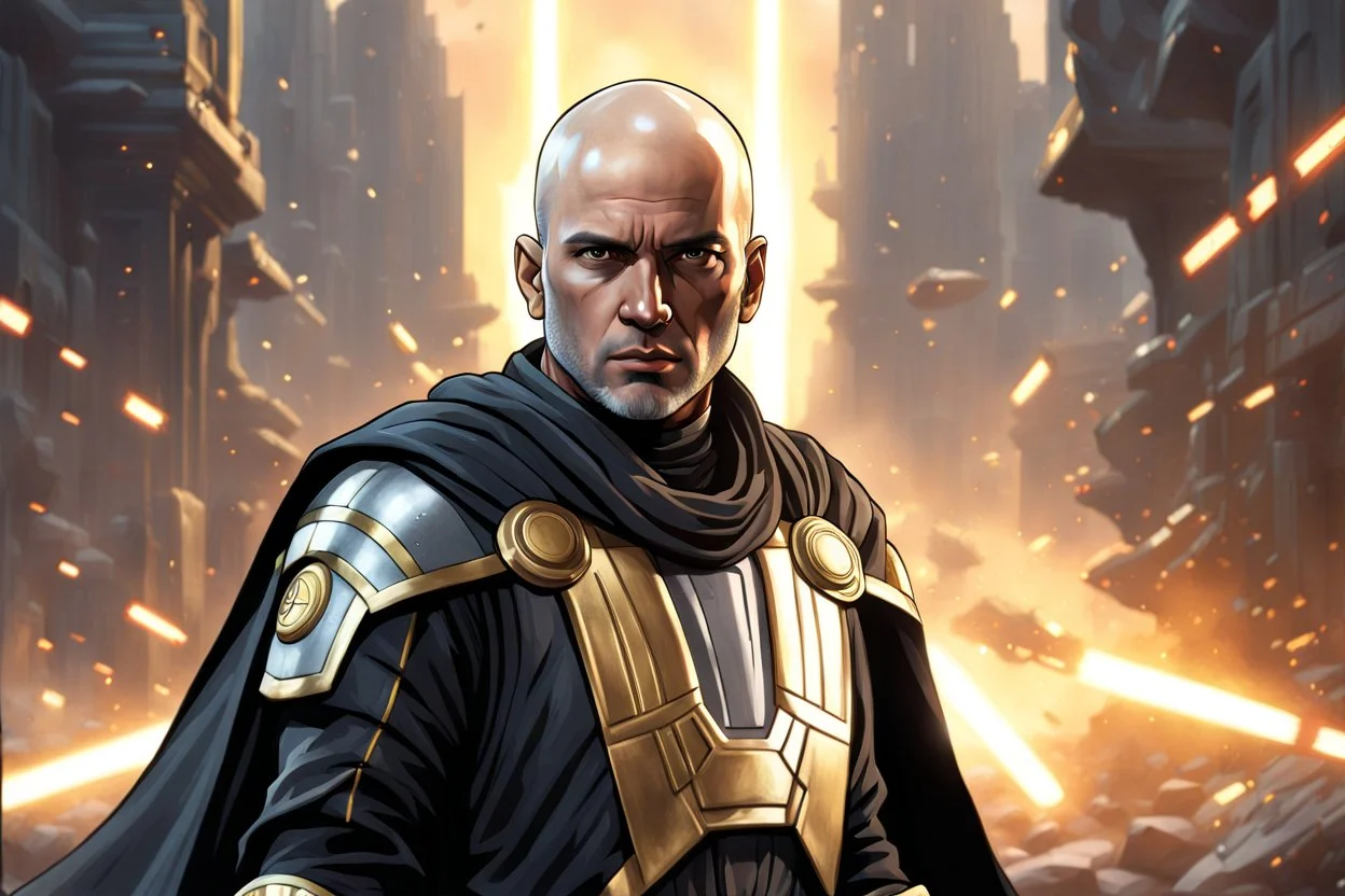 star wars bald male corellian jedi pilot wearing black and gunmetal grey old republic armored robes with gold trim, alone, battle-ready Jedi Master defending a ruined ancient city surrounded by golden light, centered head and shoulders portrait, hyperdetailed, dynamic lighting, hyperdetailed background, 8k resolution, volumetric lighting, light skin, fully symmetric details