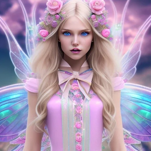 beautiful, soft, big smile face, whole head, long straight blonde hair blues eyes, crown on the head, clothing in transparent bluish and pink veil,fairy wings on the back, background brillante bluish and pink, hight definition, 8K