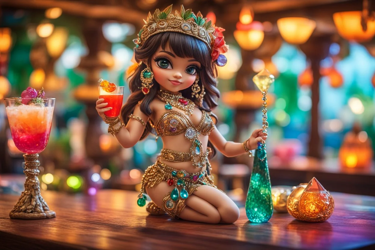 Coloured glass cute chibi belly dancer in the tiki bar with cocktails set with gemstones, glittering metal stems and gemstone leaves on a room table sharp focus elegant extremely detailed intricate very attractive beautiful dynamic lighting fantastic view crisp quality exquisite detail gems and jewels S<AI in sunshine Weight:1 Professional photography, bokeh, natural lighting, canon lens, shot on dslr 64 megapixels sharp focus Weight:0.9