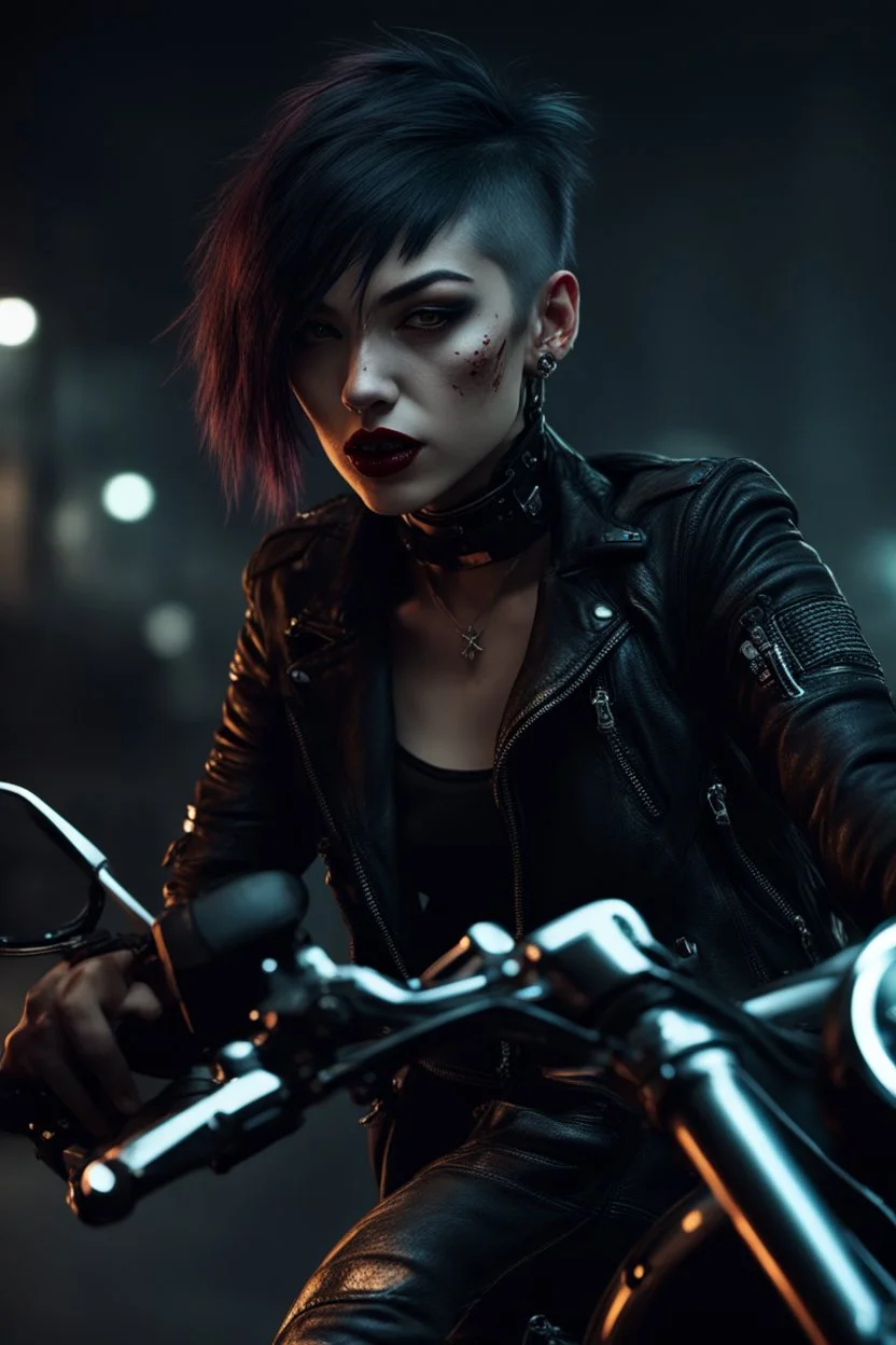 scarred cyberpunk vampire girl showing fangs with short cropped cyberpunk hair riding a black cafe racer motorcycle in a post apocalyptic wasteland at 3 am