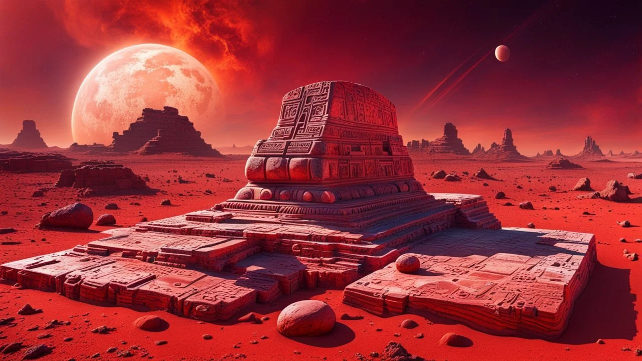 an ancient abstract nonfigurative statue with ancient signals from carved, polished marble blocks lies down on the red Mars planet, background ancient ruins, strange psychedelic sky, cold colors, mystic ancient art, very detailed, cinematic, sharp focus, sci-fi style, utopistic, surreal, psychedelic fantasy