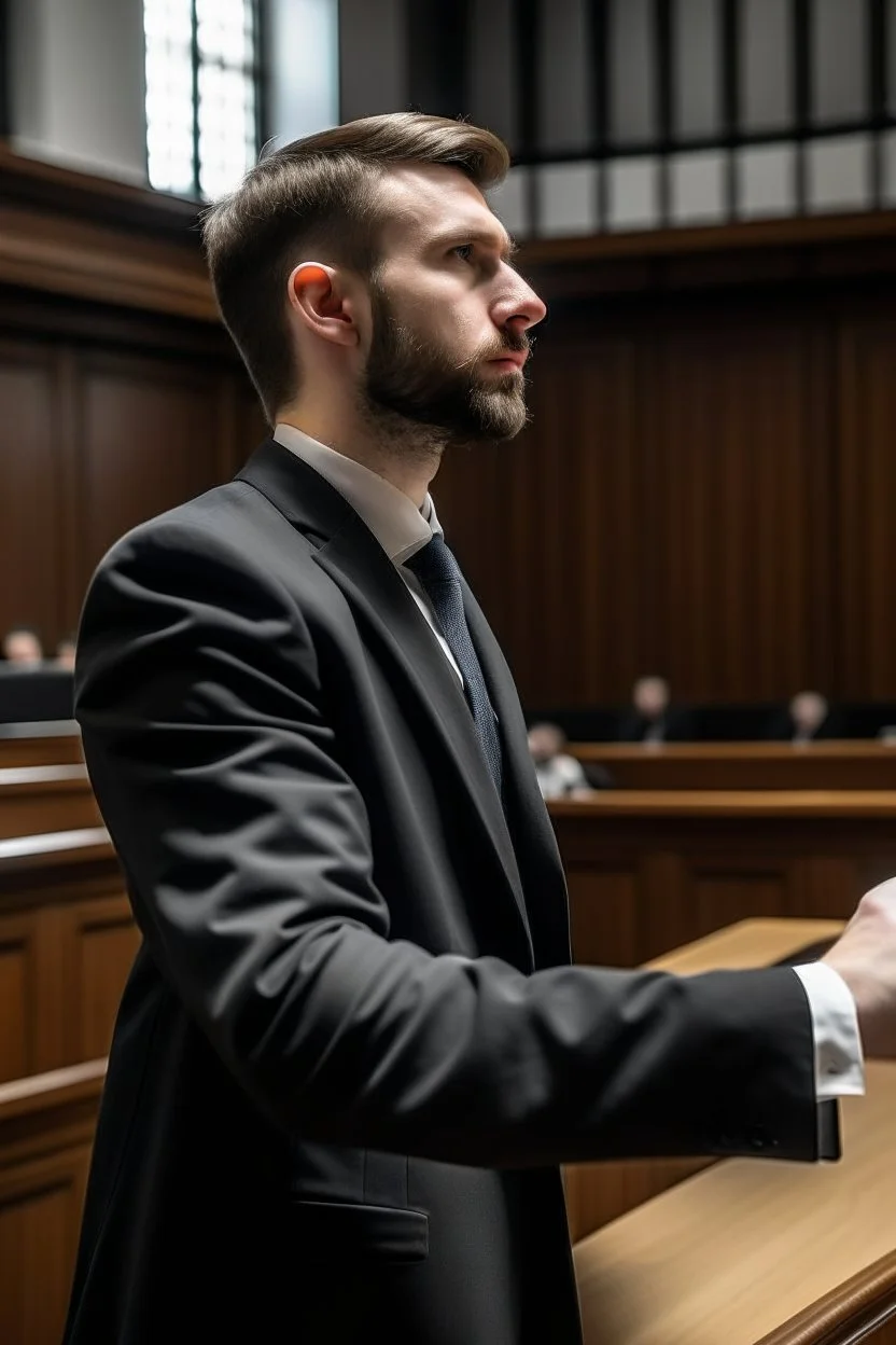 A person wearing a formal suit pleads before a court