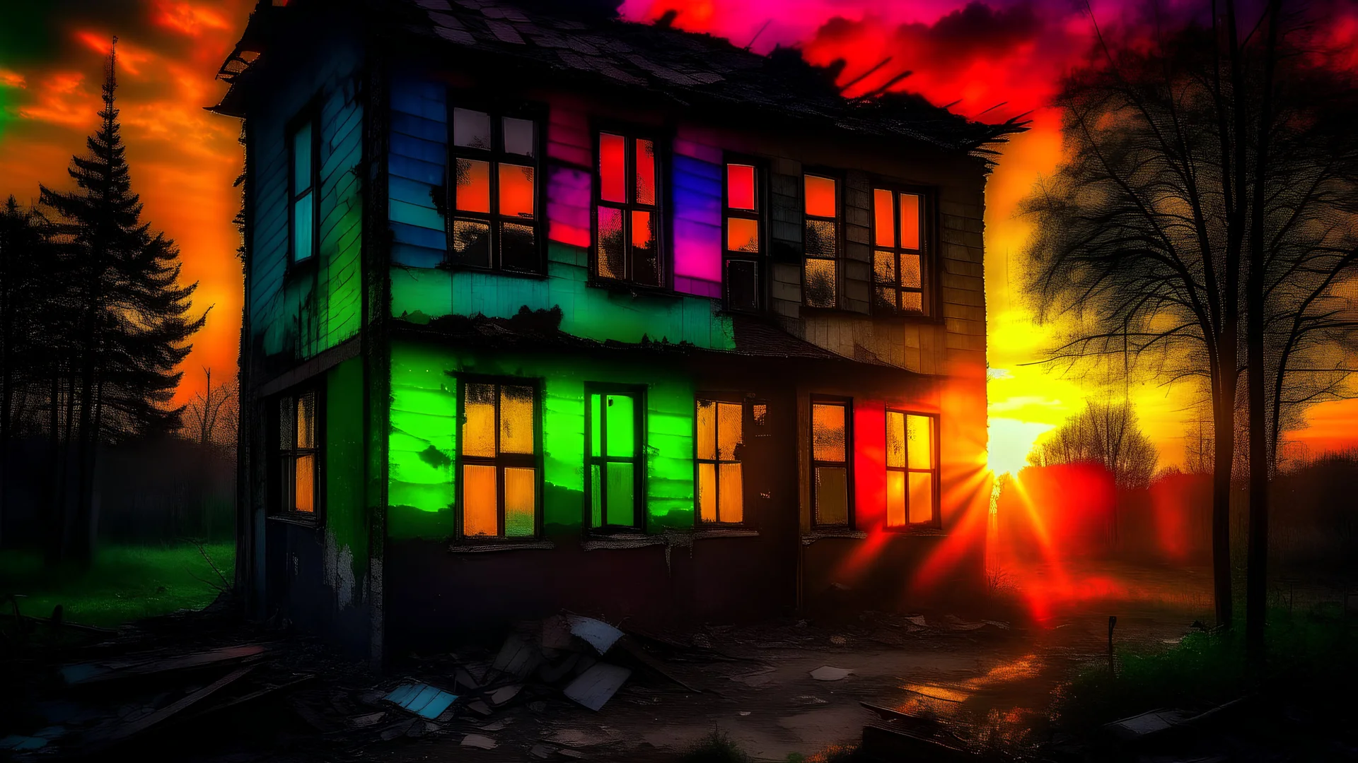 As the sun rises over the horizon, it illuminates the broken windows of an old house, revealing an explosion of vivid colors that seem to flow out into the world. The contrast between the dark, decaying structure and the vibrant liquid escaping from within creates a fascinating and mysterious image