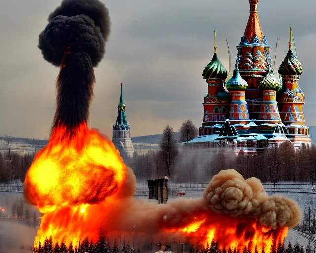  Russia president Vladimir Putin hold atom bomb, Moscow in fire