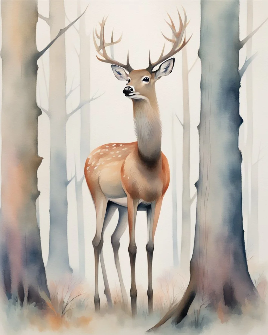 deer with antlers standing sideways, looking at viewer, realistic water color painted, among tall simplified tree trunks, foggy, pastels, colorful