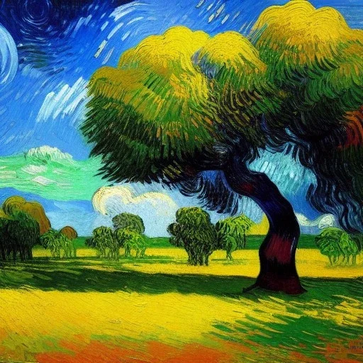 Dibujo al oleo de un elefante indio pintado con muchas nubes de colores ,árboles baobab gigantes, estilo Vincent van Gogh 8k