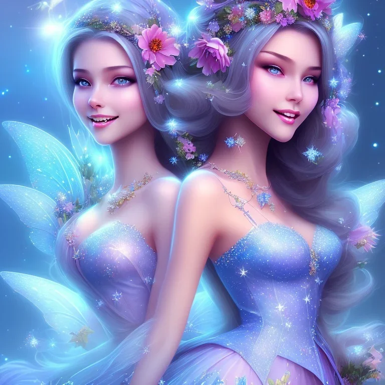 très jolie femme fée souriante , monde en fleurs, rivière , étoiles , concept art, crépuscule , bleu , vibrant Color, réaliste