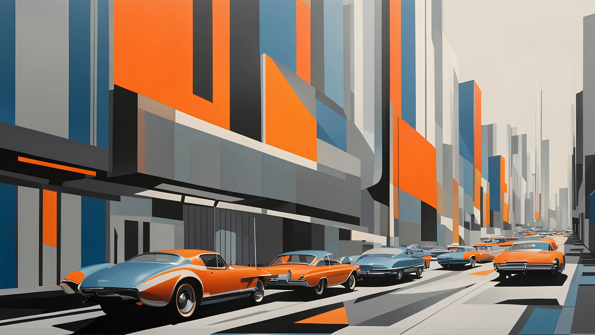 (hustle and bustle:55), loop kick, (deconstruct:28), retro futurism style, urban canyon, centered, great verticals, great parallels, hard edge, colors of metallic orange and metallic steel blue