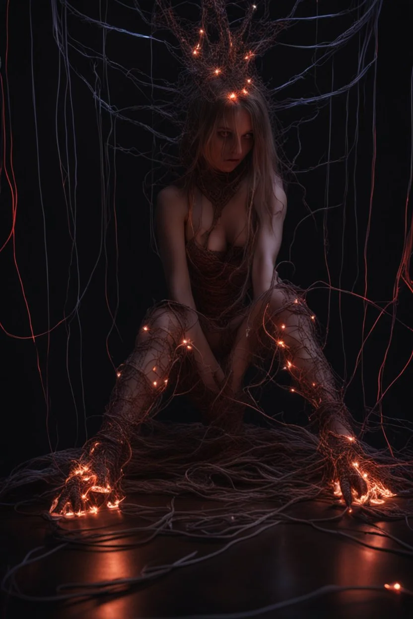 Demon girl feet point view, fullbody, creepy, horrifying, sinister, many wires connected to the head lumen lighting, led lights, sparks around her, sparks cybernetic,high lighting, intricate, 8k, macro photography,