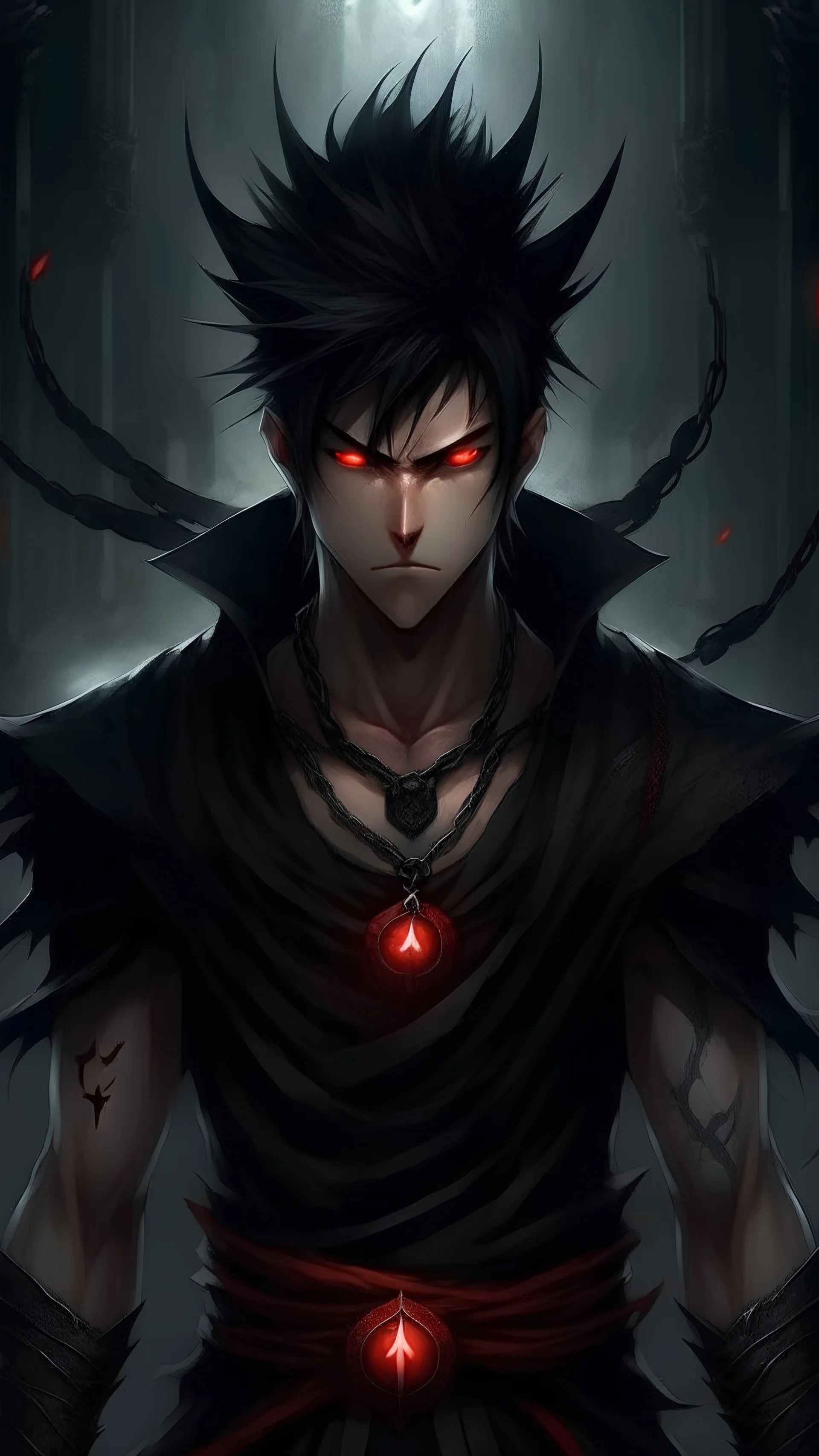 Charming dark fantasy illustration of Hiei, a young demon warrior, standing tall and poised with his slim body. His black tunic contrasted sharply with his spiky black hair, which featured strands of white, and his emotionless red eyes penetrated into the distance. Jagan, the evil eye, adorns his forehead, symbolizing his bond with his sister, Yukina. Releasing his terrifying true form, Hiei's body transforms, covered in countless Jagan faces that reflect his colossal power. A gloomy, stormy sky