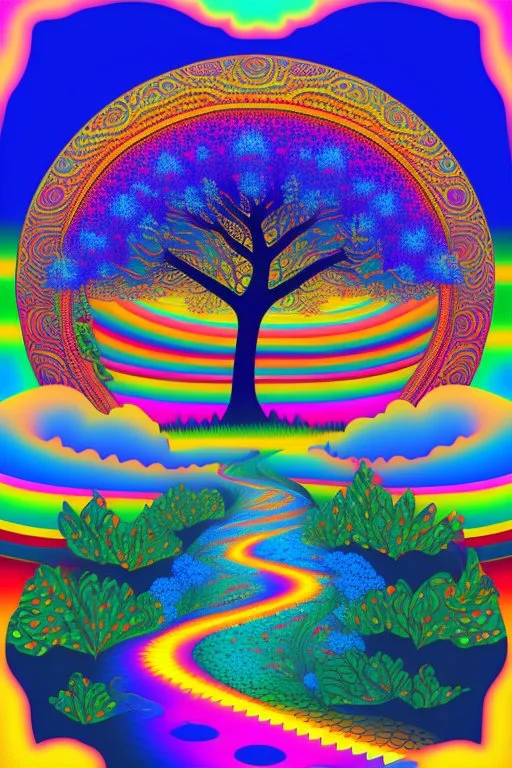 Psychedelic hassidic style artwork of a Path to heaven with a tree in the center, with bright and blue colors in a childish style