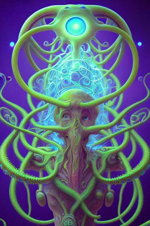 Spiritual being with Tentacles over human Head creating reality around, wrapping Tentacles around Human, Psychedelic