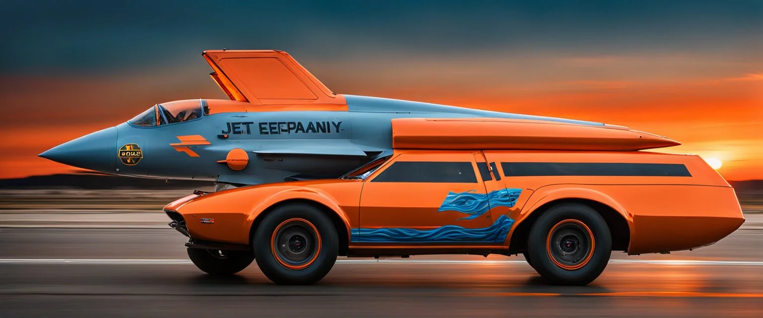 A national geographic award-winning photograph of a military fighter jet station wagon elephant hybrid bilaterally symmetrical designed by skunkworks, only one vehicle per image painted metallic orange traveling at a high rate of speed, jet intake off of the front center of vehicle and jet exhaust out the rear with bright blue flame soviet retrofuturism, cassette tape futurism, sleek but squared, tremendous nuclear powered engine