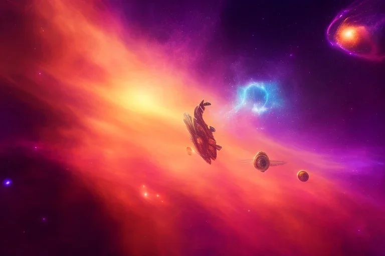 flying through a galaxy, nebula, purple and orange color scheme, high key lighting, volumetric light high details psychedelic background