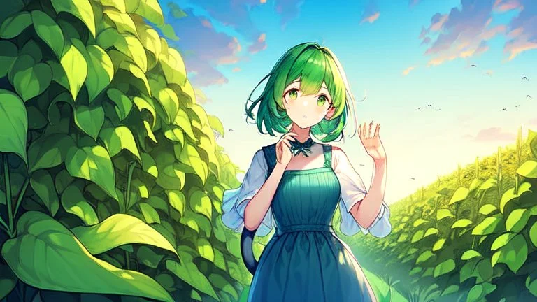 Girl, green hair, cat paws on hand, farm