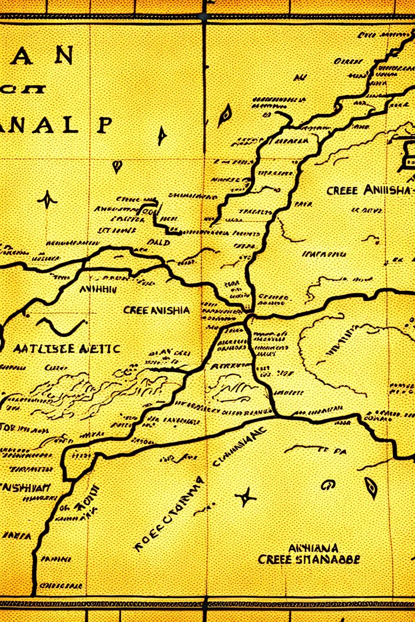 a scan of an ancient Cree Anishinaabe road map, hand drawn been stained and weathered, text is in Cree Syllabic