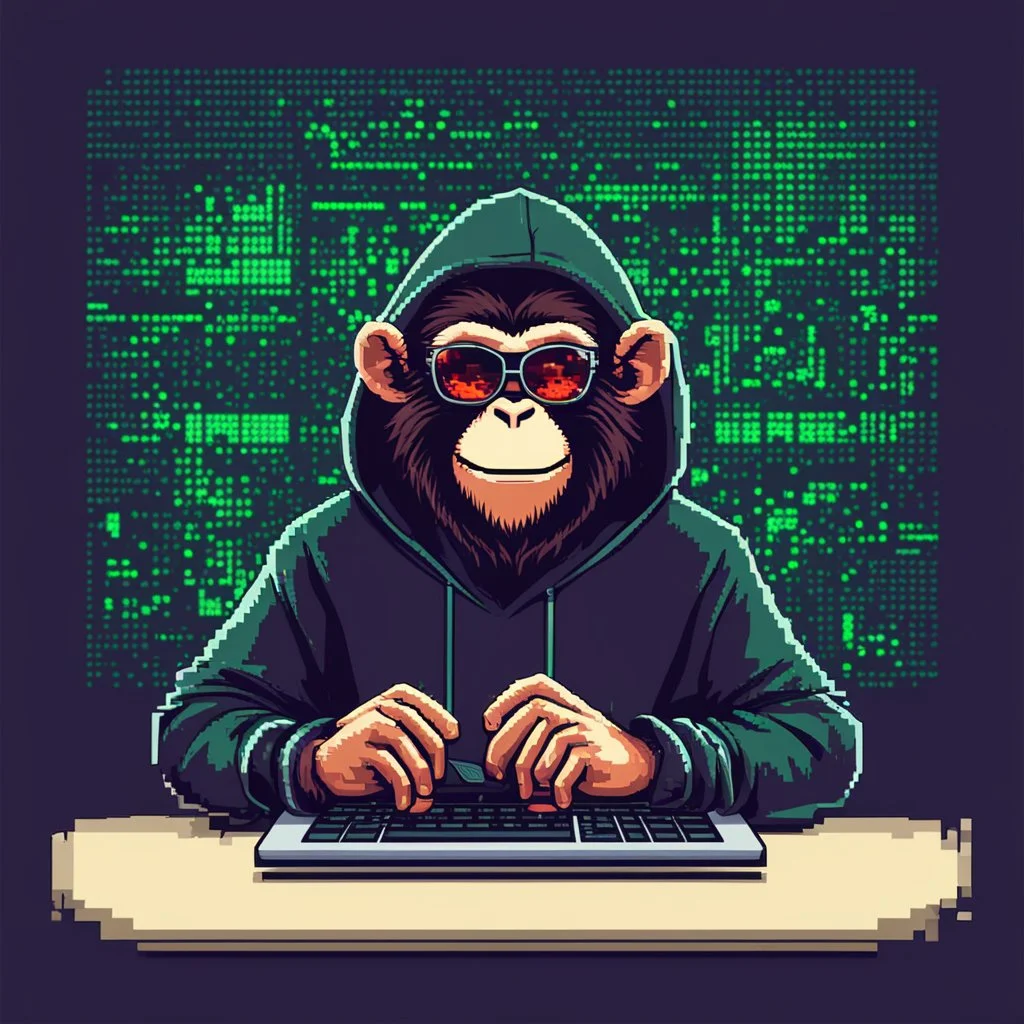 A grinning Monkey sitting in front of a laptop, hacking systems, wearing a hoodie and sunglasses. Matrix in background. Pixel Art. Profile Picture. Avatar. Pixel