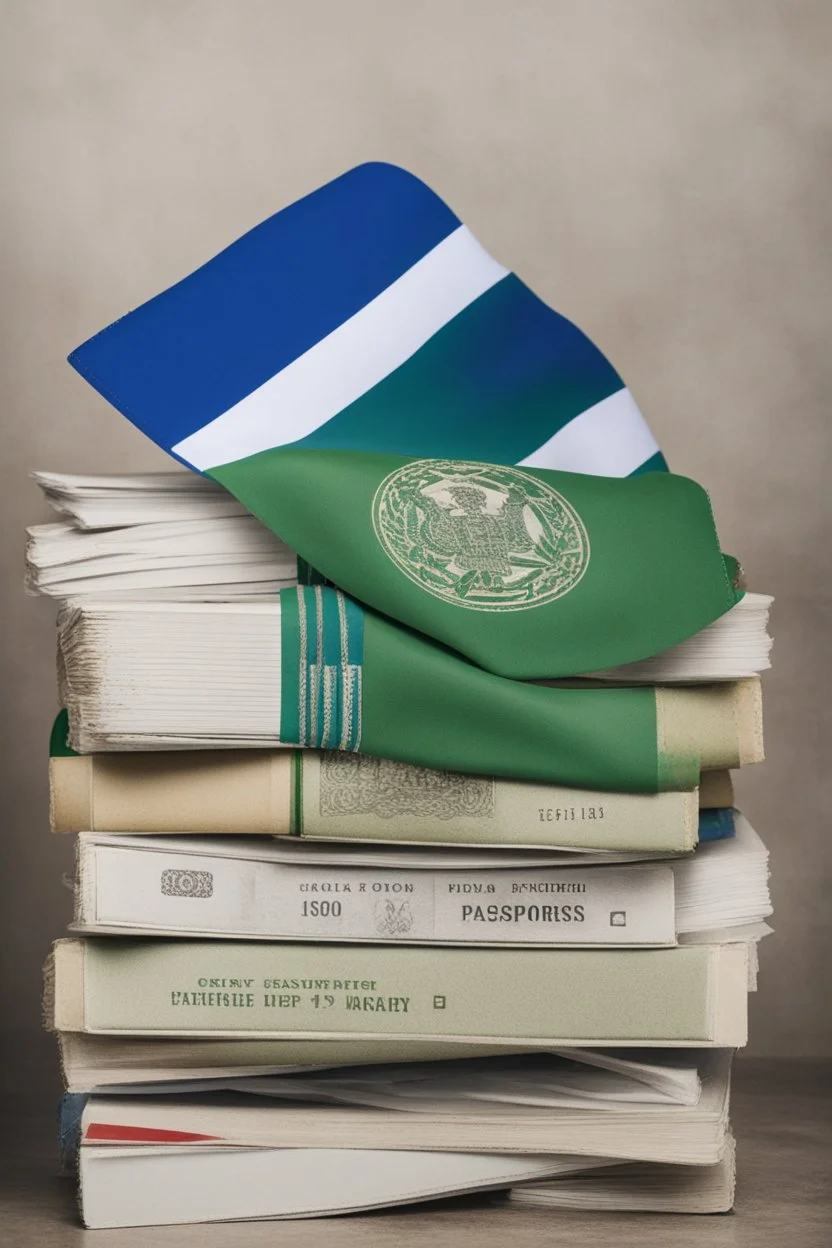 a blue white green tricolour flag; below that a stack of passports