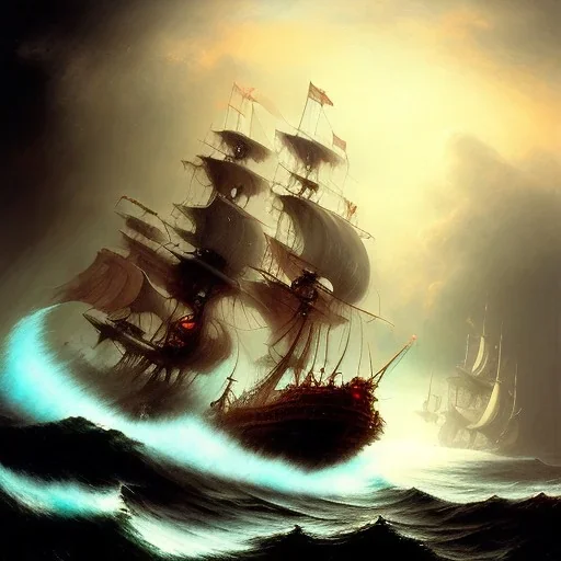 frank frazetta style, pirate ship battle, ocean, storm, night