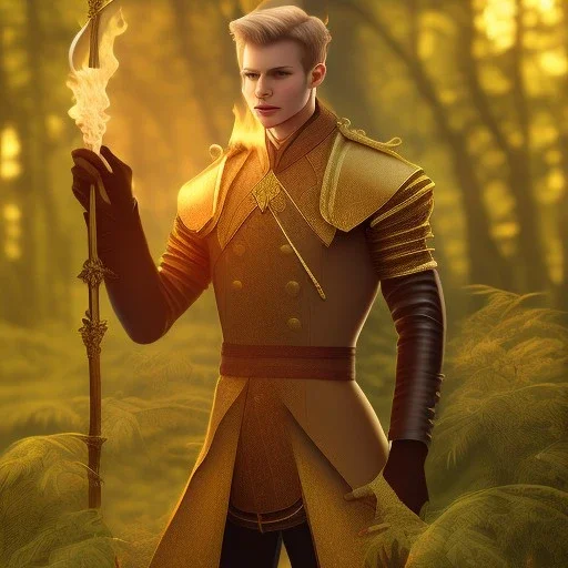 Male, Human, Blond, Sorcerer, Fire Mage, Golden Eyes, Young, Photorealism, Full Body Shot, Forest Background