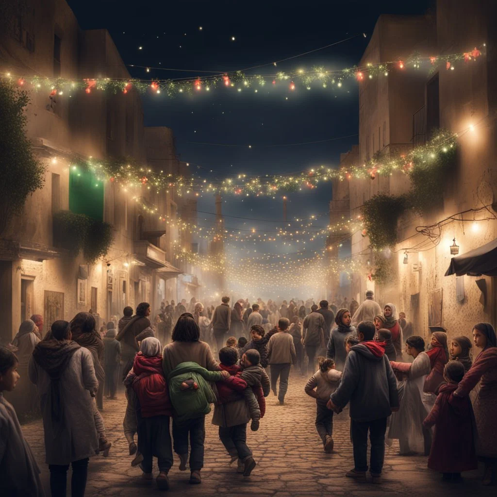 Hyper Realistic lots of people & children celebrating in the streets of Palestine at night with garland lights & decorations