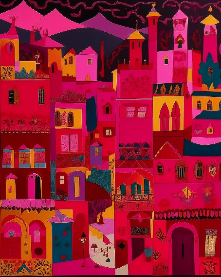 A dark reddish magenta village with torches designed in Moroccan rug art painted by Stuart Davis