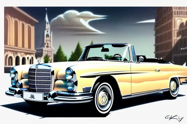 a true-to-life 1962 Mercedes Benz 300SE Convertible, centered, intricate, extreme detailed, photorealism, center view, city background, pivot on mercedes, pen and color marker, painting by cheryl kelley