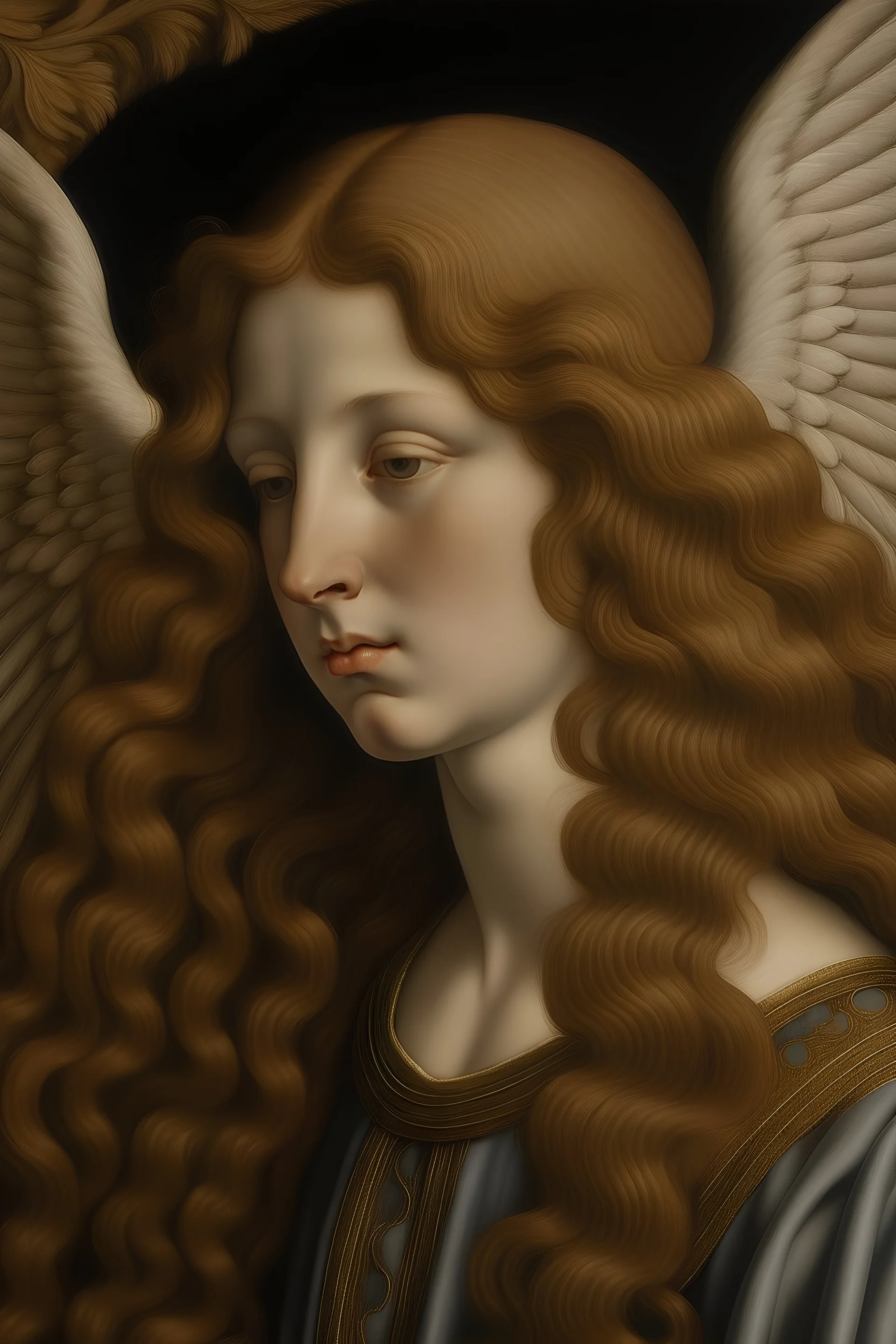 An Angel with long Aubern hair in the style of William Botticelli