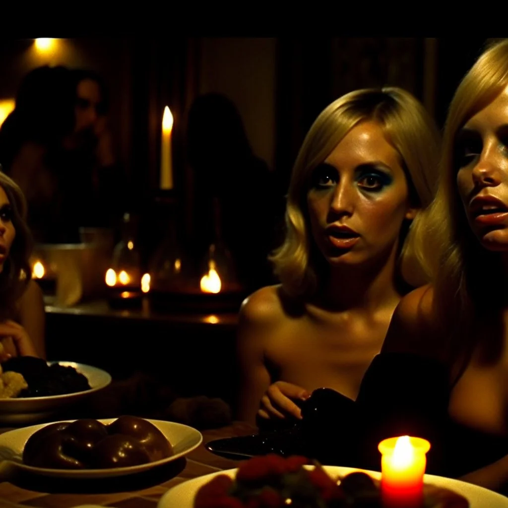 Horror movie shot, spooky, hot, ultra realistic, dine, horns, ultra realistic hot blonde women, party, pieces of meat, organs, ail, dynamic, very excited people, hypermaximalist figures, light, 1970's Italian horror movie, sinister,, Dario Argento, Stanley Kubrik, ornate, 4k, photorealism