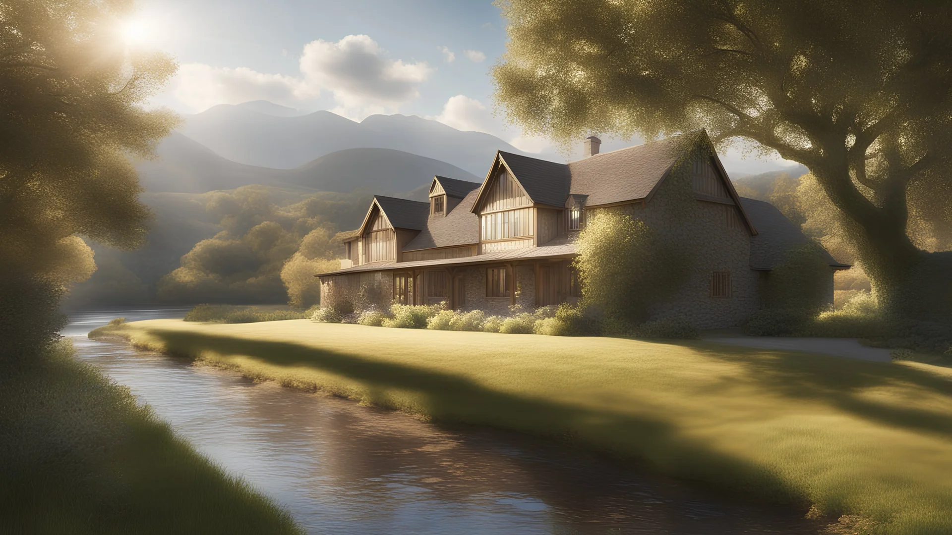 beautiful house, perfect architecture, style William Morris, rural environment, sunshine, volumetric lighting, trees, river, distant mountains, award-winning photograph, photorealism, superb details, light and shade, beautiful composition, arts-and-crafts, attractive, peaceful, exquisite