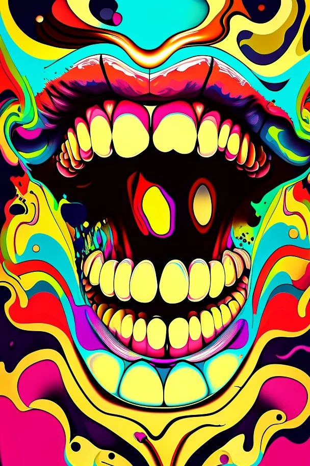 Non-figurative abstract digital painting of a psychedelic love spell spilling from a large pair of cartoonist , overexaggerated mouth, thick lips, manga inspiree,