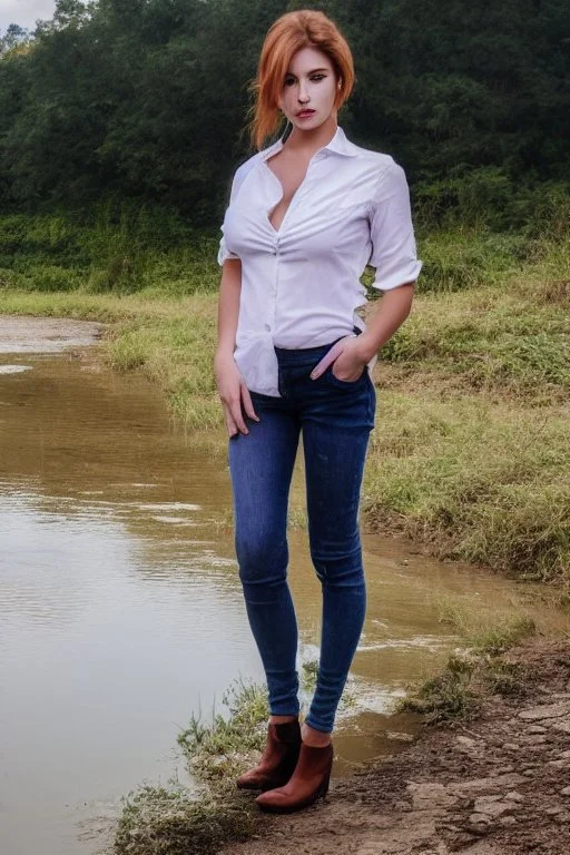 full body shot of a pretty woman, dressed in shirt, full body portrait, nice perfect face with perfect face, hyper realistic concept, 8k resolution, photography quality, posing for a photo, photo realistic, standing in country side with a small river,nice cloudy sky