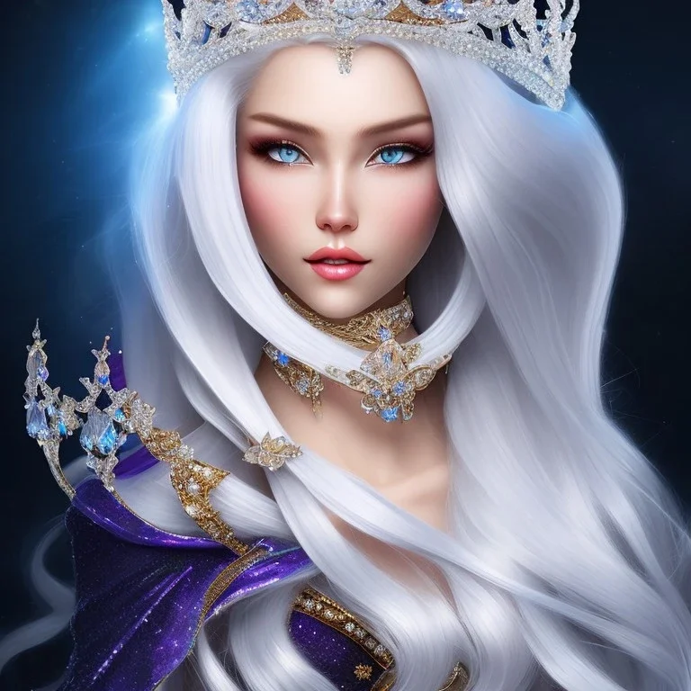 Ice Princess with white hair, a crown with precious stones, bright background