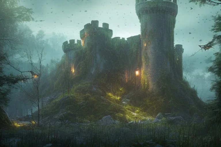 Overgrown castle ruins deep in a dense forest, dark fantasy, moonlight shafts, night time, fireflies