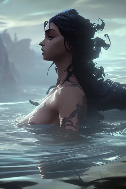 a beautiful woman, long curly black hair,closed eyes,coming from beneath the water,braking the surface with her face just coming out the water,looking up symbolism for breaking free. realistic,8k quality, action close shot from areal view,highly detailed , chaos 80