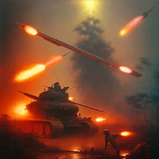 vietnam war. war report. napalm in jungle. bokeh. lens flare. warm lights. high detailed. beksinski