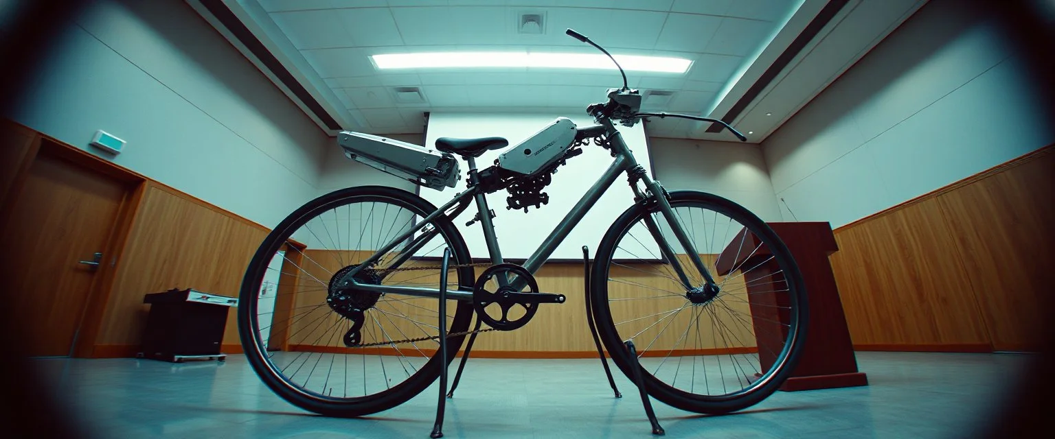 pinhole cam, weird geometry sacred, airbrush 3d rendering, integrated_multimodal_description: [Shot 1] A five-second cinematic single take in a clean industrial presentation hall. A bizarre mechanically plausible bicycle machine stands beside a presentation podium, designed to look like a giant mechanical praying mantis. Two large bicycle wheels form its main body and four thin articulated mechanical legs support it. Two long folded mechanical front arms resemble mantis forelegs.